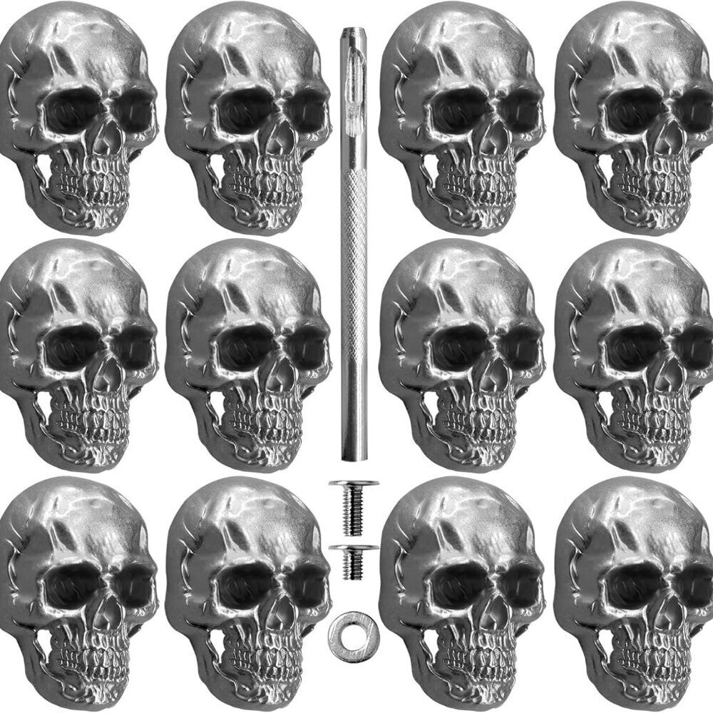 Skeleton Stud Buttons 12Pcs Silver Goth Metal Leather Craft